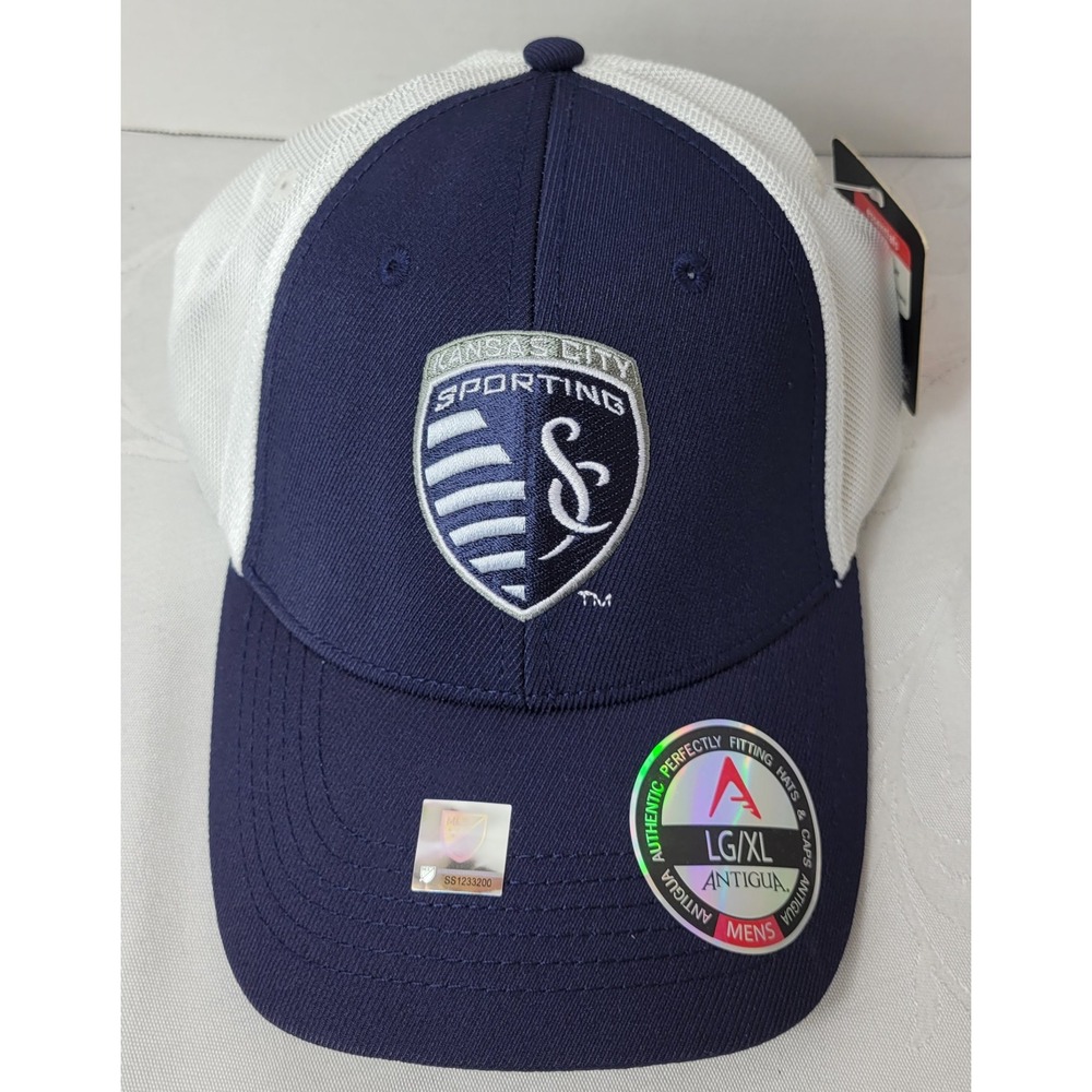 Kansas City Sporting Antigua Tech‎ Fit Navy Blue White Hat Cap L/XL Mens NWT